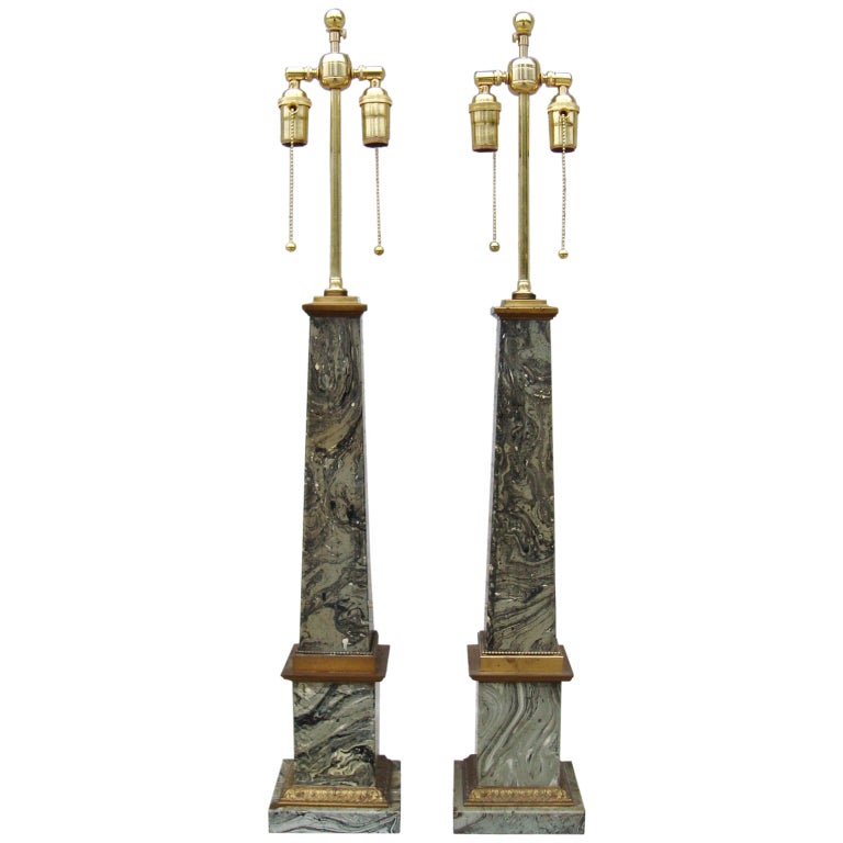 Pair of  1940
s Faux Marble Obelisk Table Lamps