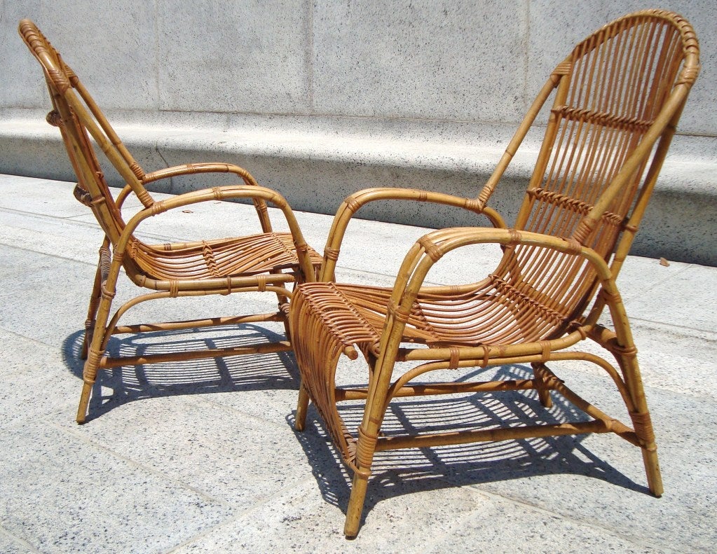 Pair of 1950's Danish Rattan Lounge Chairs 1