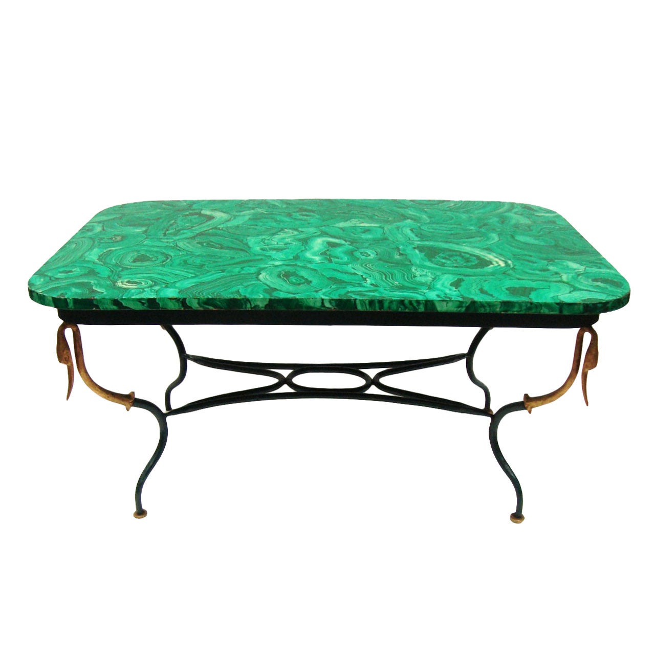 1940s French Faux Malachite and Wrought Iron Cocktail Table