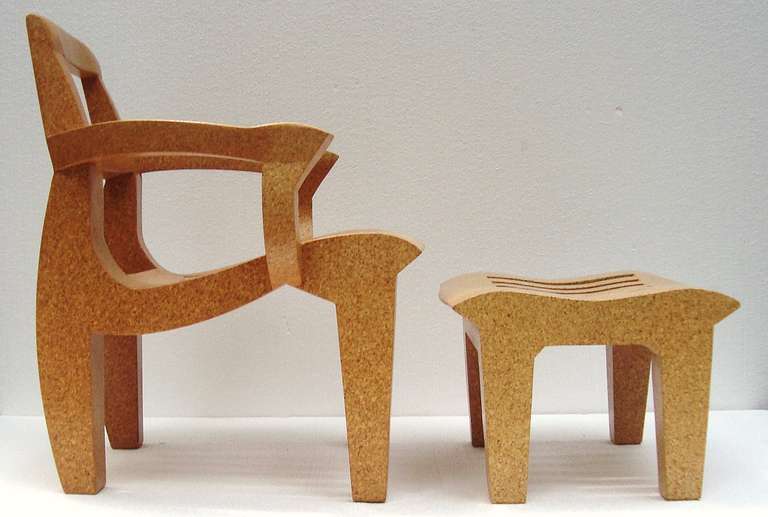 Sculptural Kevin Walz Solid Cork Chair and Ottoman, 1997