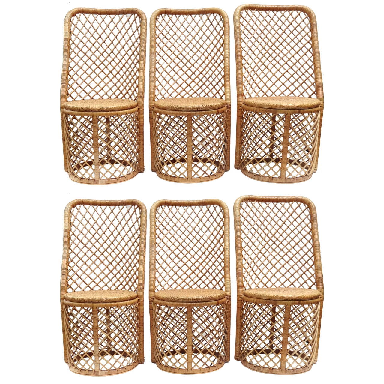 Set of Six 1970s French Woven Rattan Dining Chairs