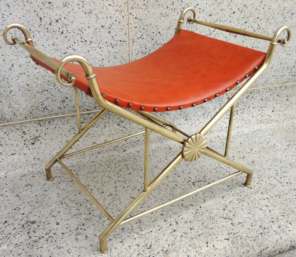 Architectural 1950's Italian Brass Bench in the style of Gio Ponti.  Made in Italy stamp on underside.