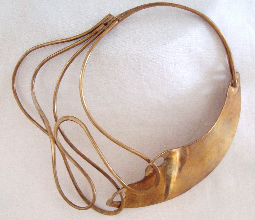 Rare 1950's hand made modernist necklace in brass designed by famed New York avant garde jeweler, Art Smith.