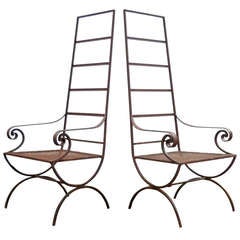 Pair of 1950's Italian Tall Back Wrought Iron Arm Chairs