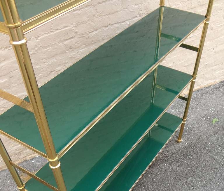 Late 20th Century 1970's Billy Baldwin Brass and Green Lacquer Etagere