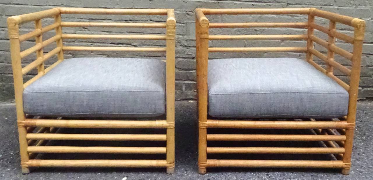 Architectural pair of 1970s bleached oak cube lounge chairs.