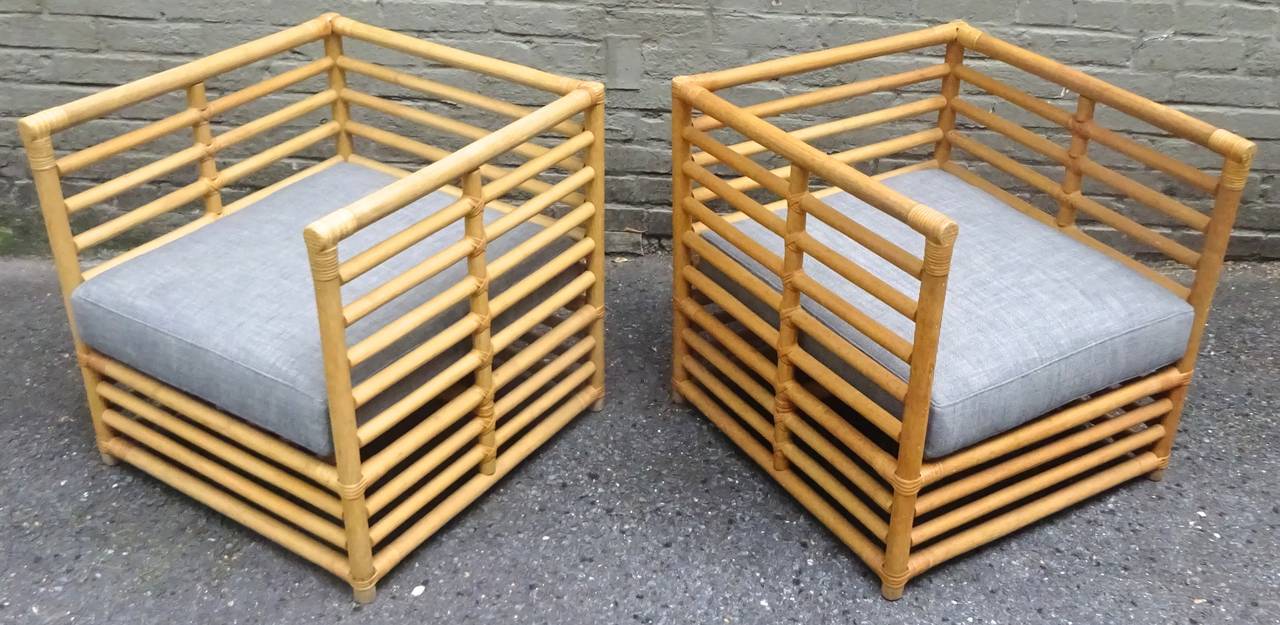 American Architectural Pair of 1970s Bleached Oak Cube Lounge Chairs