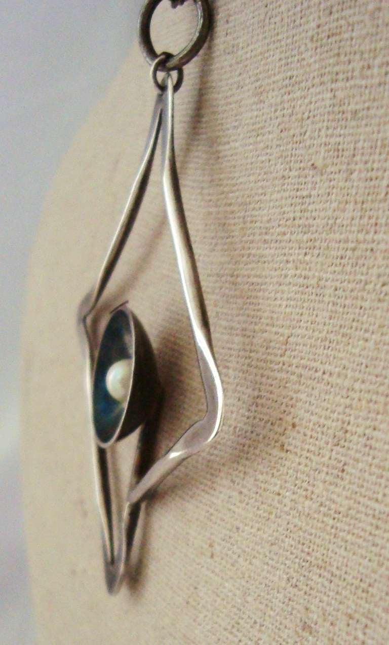 Modernist 1950's Ed Wiener Sterling and Pearl Pendant