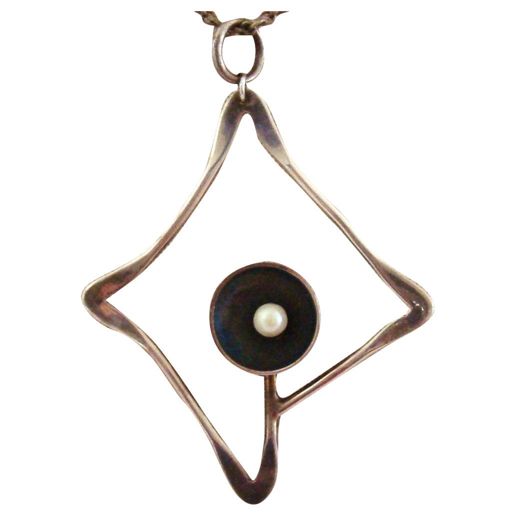 Modernist 1950's Ed Wiener Sterling Silver and Pearl Pendant For Sale