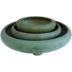 Set of Three Arts and Crafts Matte Green Pottery Stacking Bowls, circa 1915