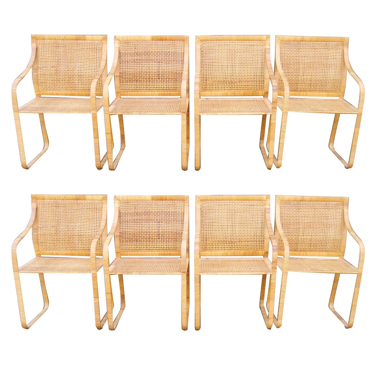 Set of Four 1970s Harvey Probber Woven Rattan Dining Chairs