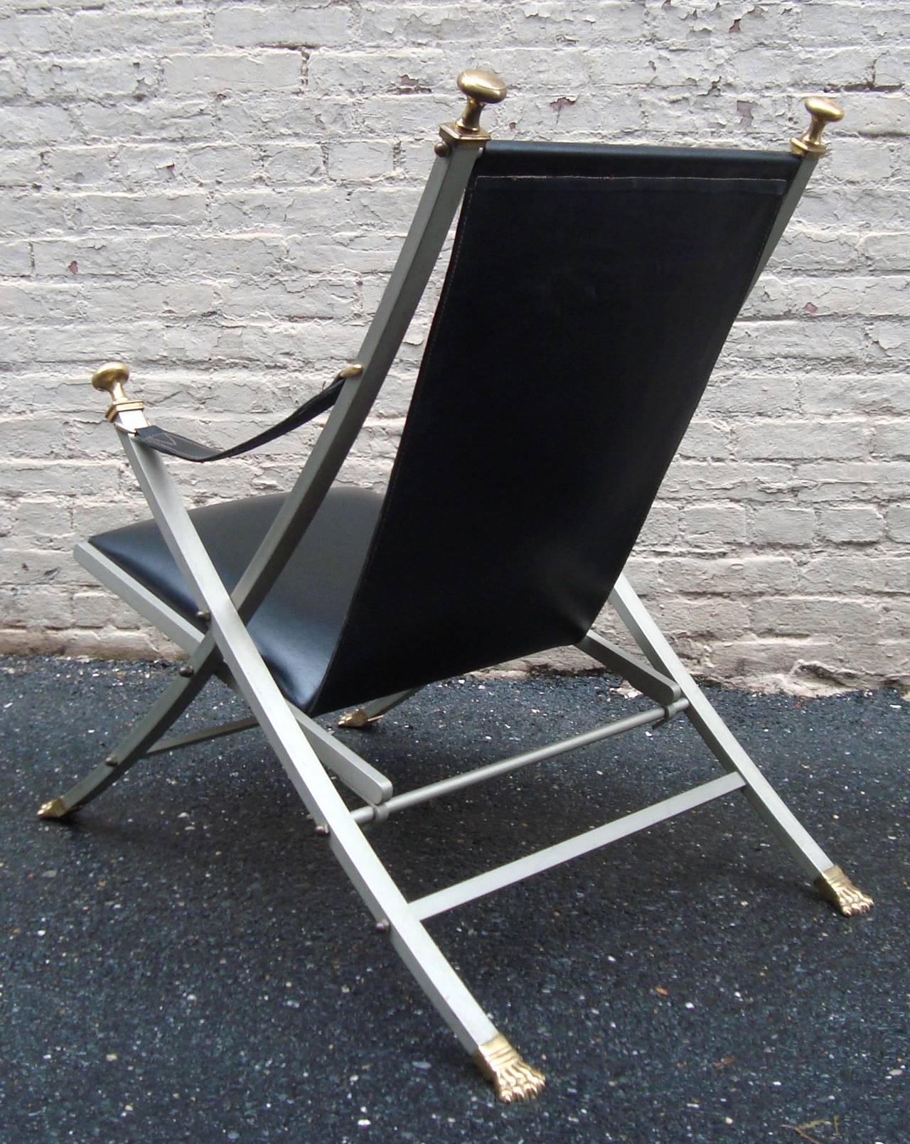 Brass Fabulous Pair of 1960s Steel and Leather Italian Campaign Chairs For Sale