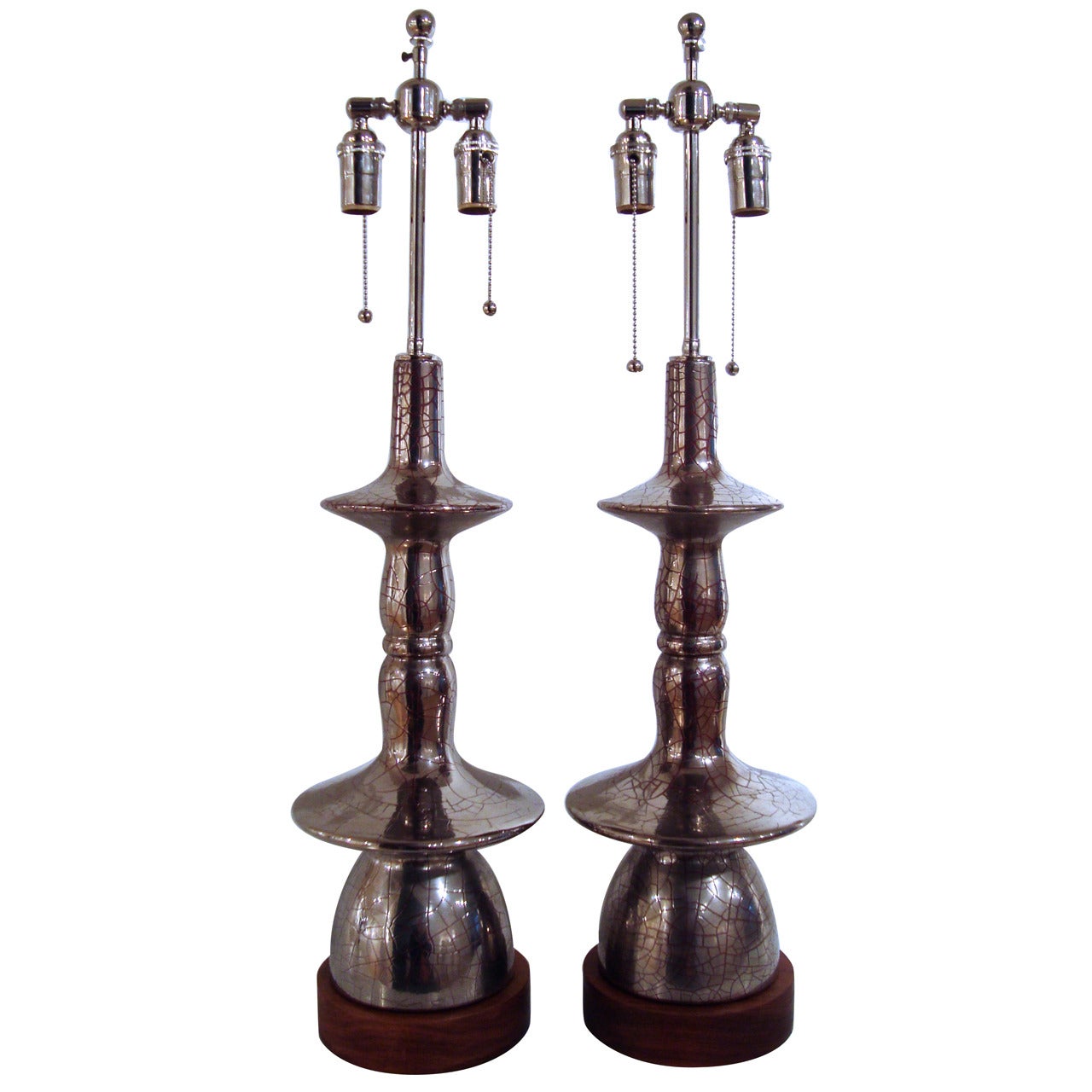 Tall Pair of 1950s Silver Craquelure Ceramic Table Lamps after James Mont