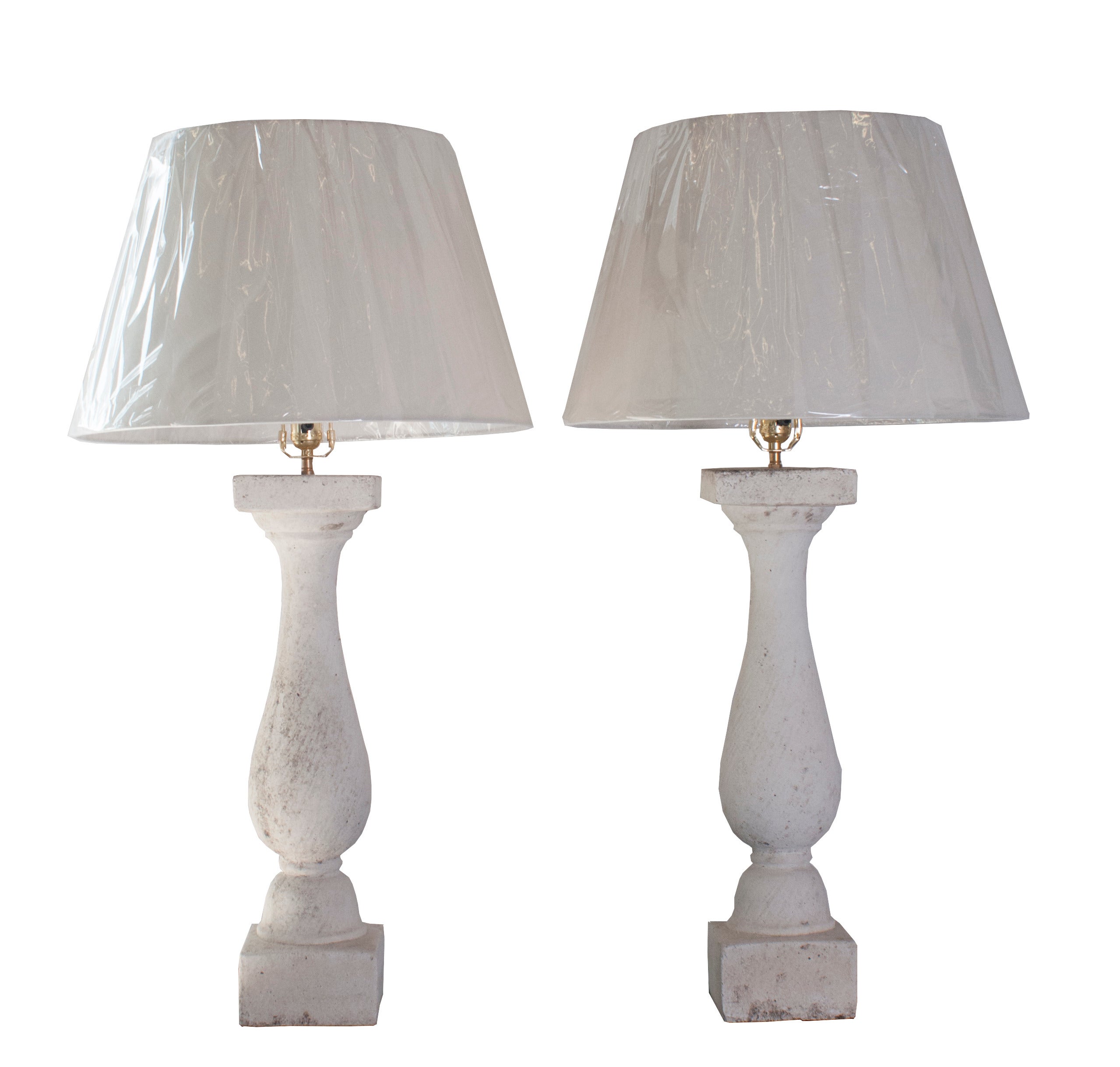 Pair of Composite Stone Baluster Table Lamps with Lichen