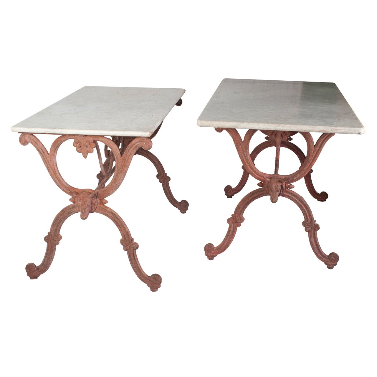 A Pair of Tables with Bull Heads Decoration with a White Marble Top For Sale