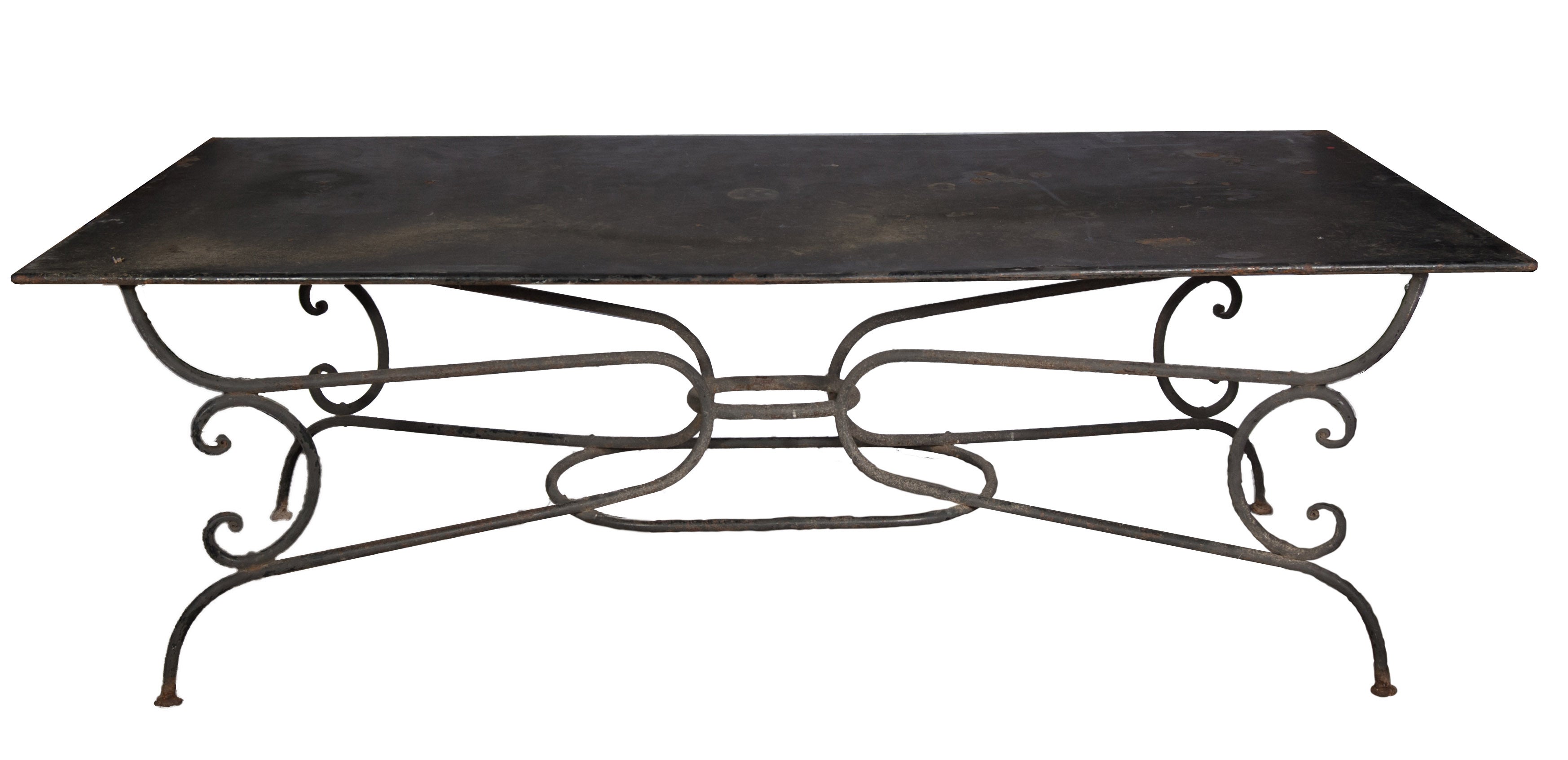 A Large Wrought Iron Garden Table With Metal Double Layer Tin Top.