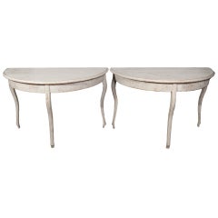Pair of Grey Painted Gustavian Demi Lune Tables with Curved Legs 5