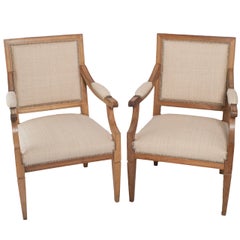 Pair of Louis XVI Style Square Back Light Walnut Fauteuils Recovered in Raffia