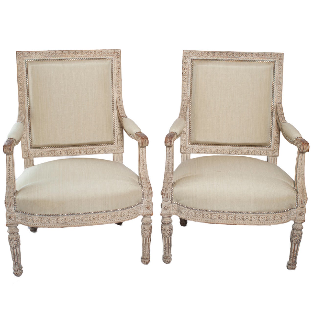 Pair of Unusual Large Square Back Louis XVI Style Fauteuils For Sale