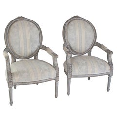 Pair of Large Grey Painted Louis XVI Style Fauteuils