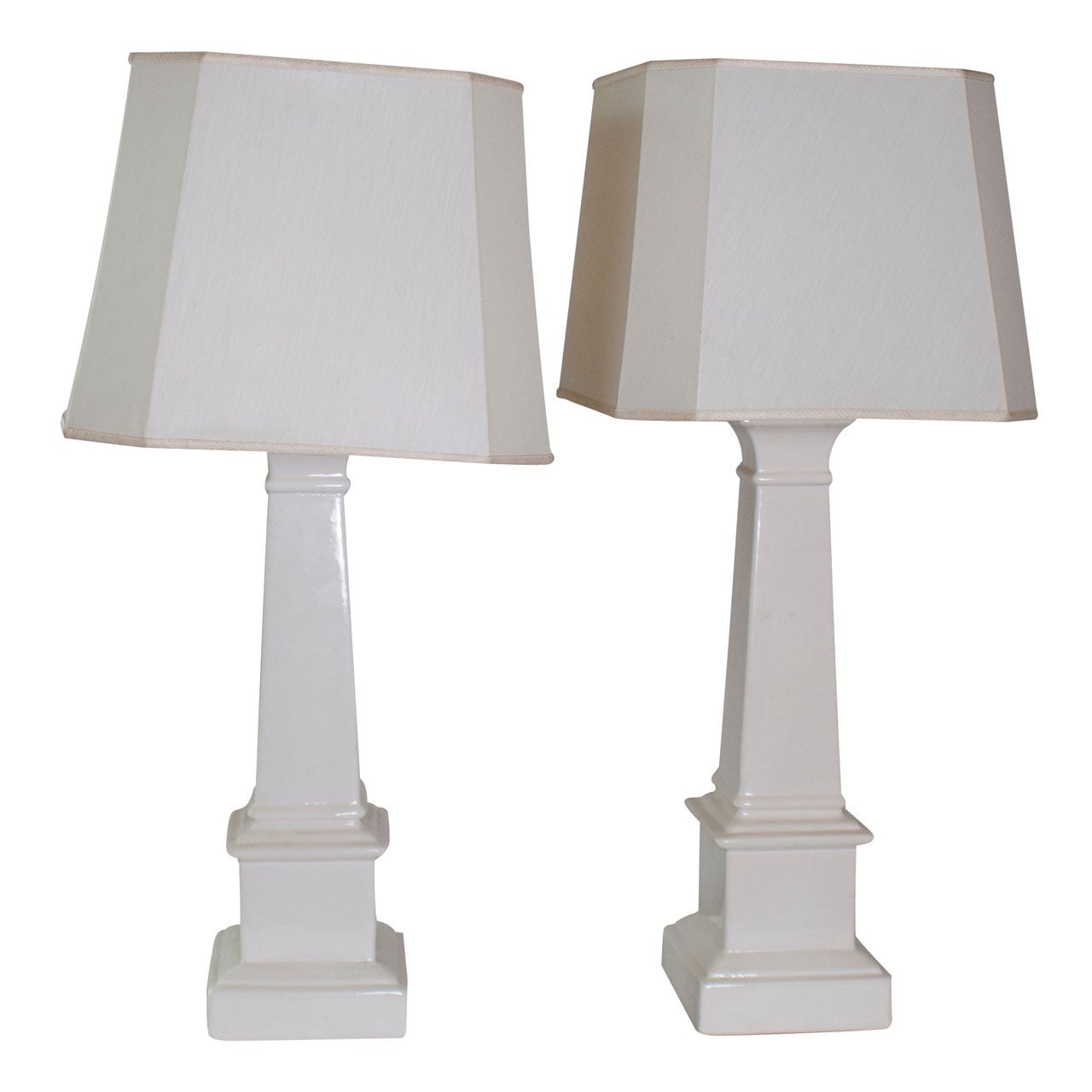 Pair Of White Ceramic Taper Column Table Lamps