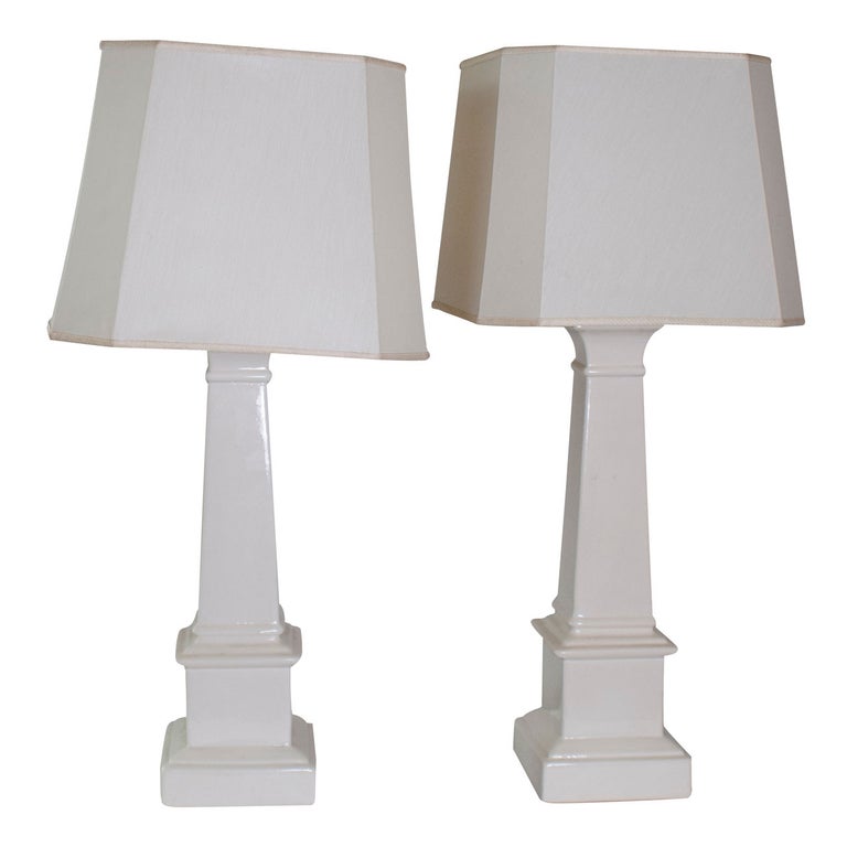 Pair Of White Ceramic Taper Column Table Lamps For Sale