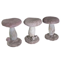 Retro Set of Three Faux Bois Garden Stools in The Form of Mushrooms