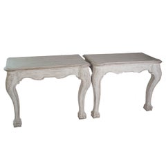 Pair of Grey Painted Carved Wood Console Tables with Claw Feet