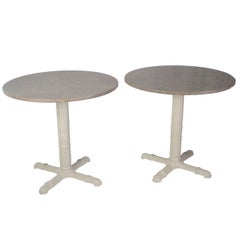 Pair of Grey Painted Cast Iron Gueridon Tables with Travertine Tops