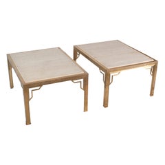 Pair of Brass End-Sofa Tables with Travertine Tops