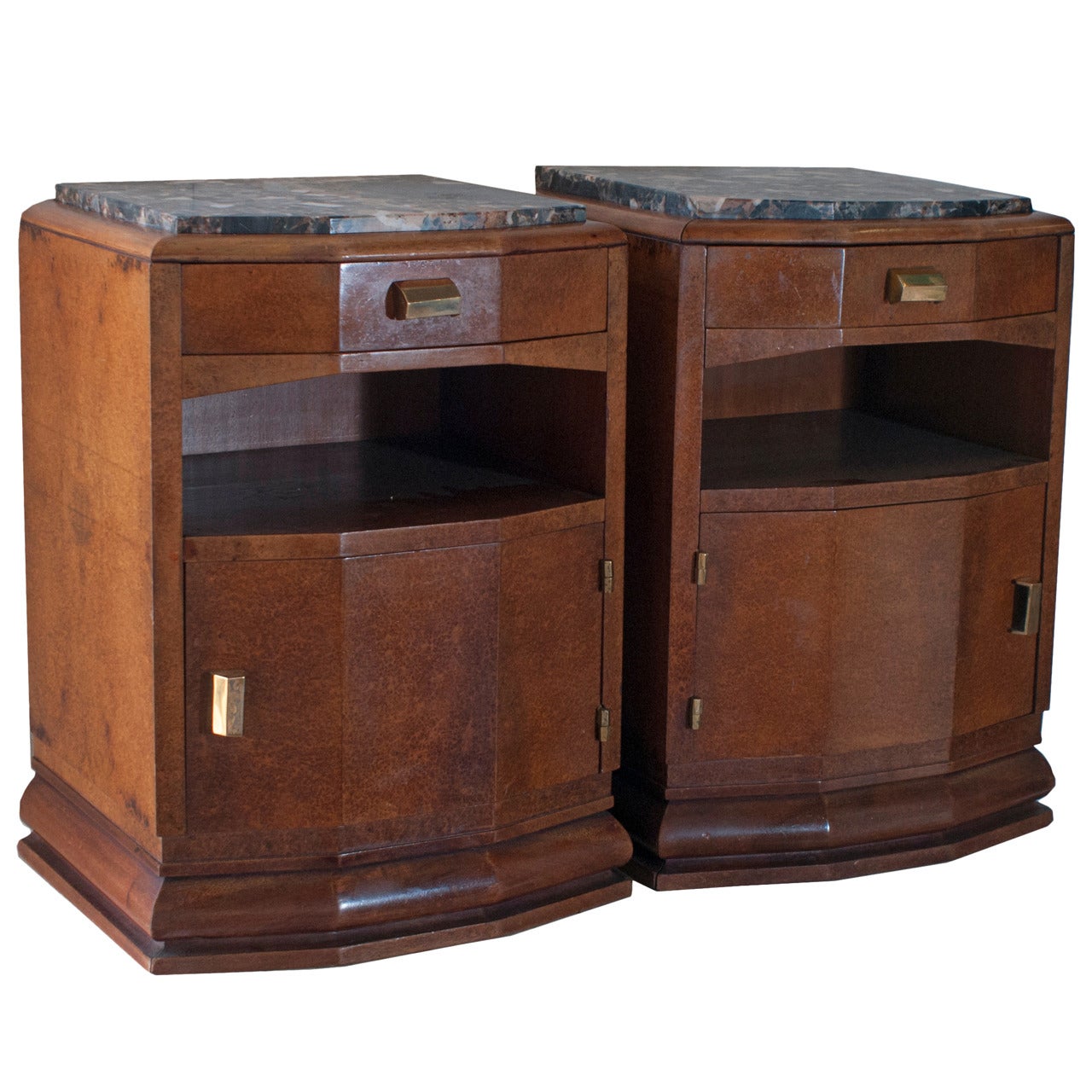 Pair of Chevets in Rare Loupe d'orme (Burr Elm) Wood with Marble Tops For Sale