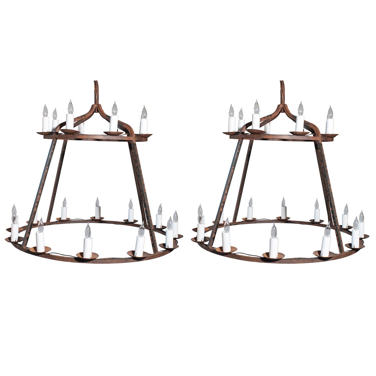 Pair of Large Heavy Cast Iron Chandeliers with Twenty Lights