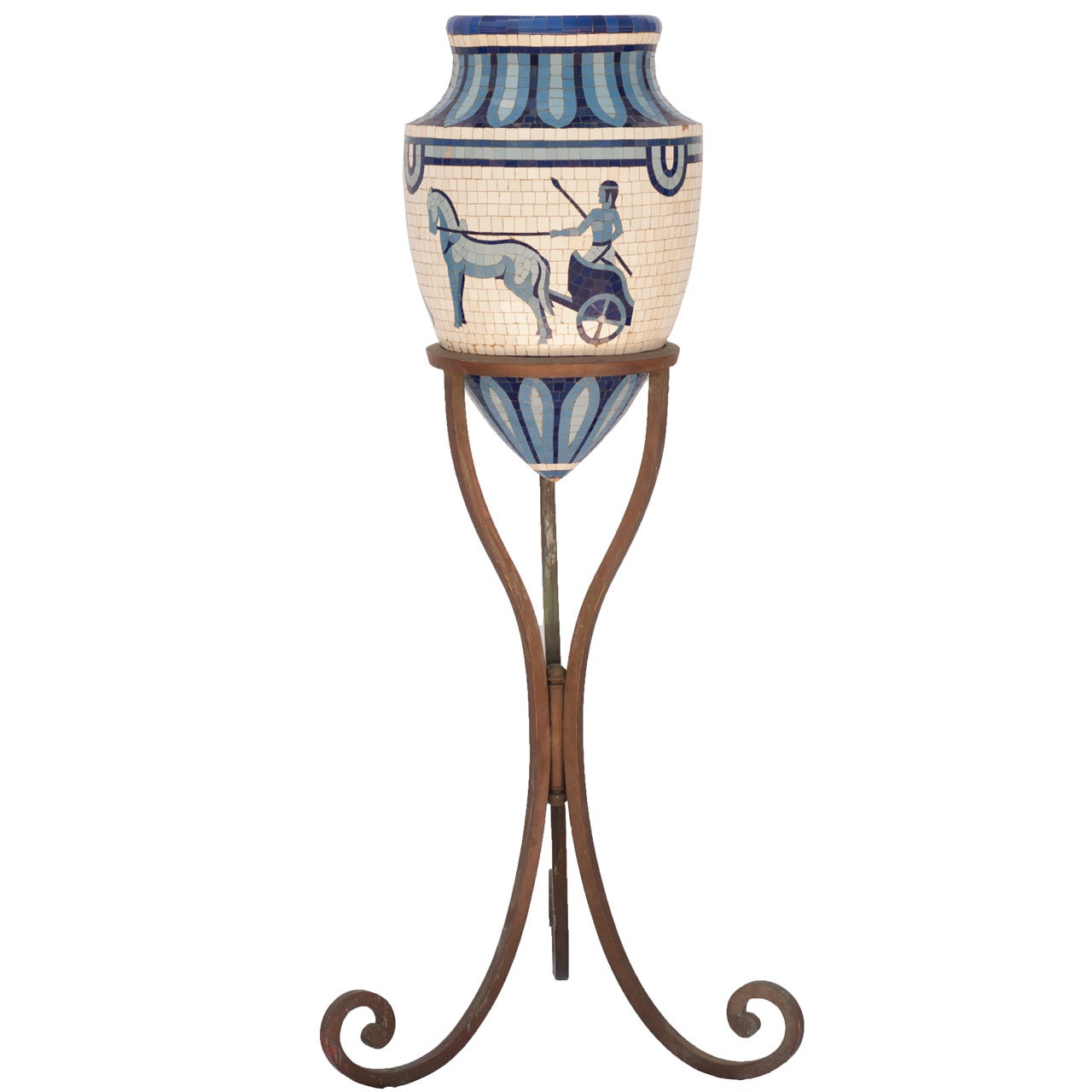 Blue and White Mosaic Urn on a Wrought Iron Stand
