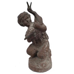Small Cast Iron Fountain of a Boy Holding a Swan