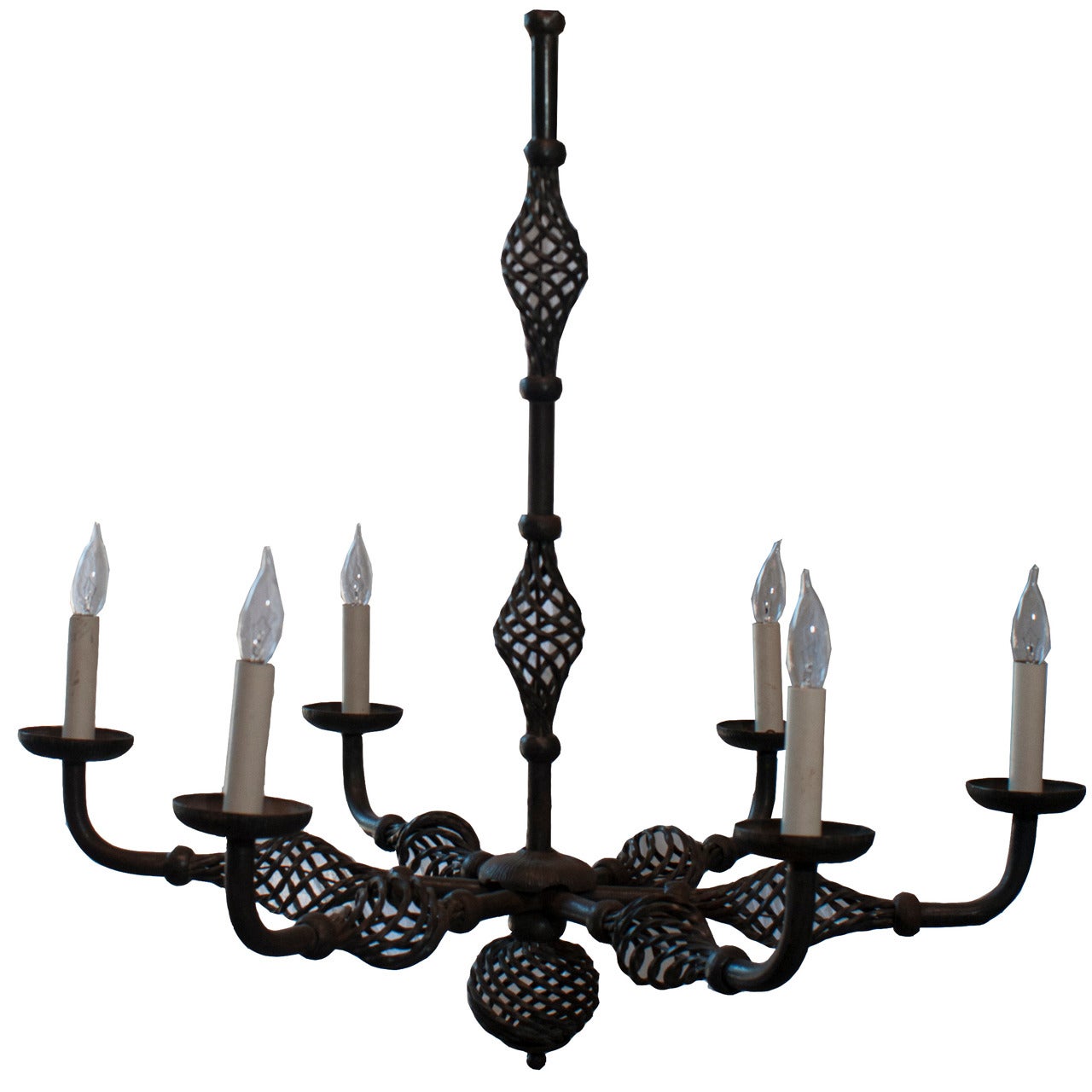 Six Arm Artisanal Wrought Iron Chandelier For Sale