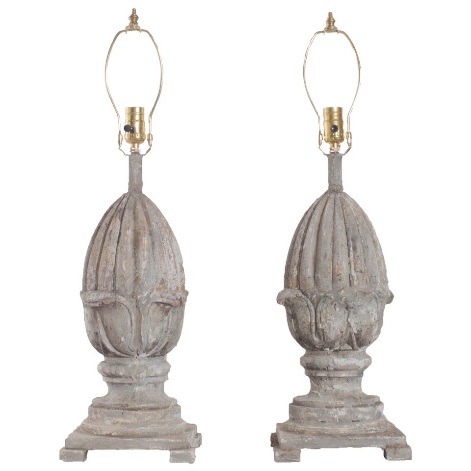 Pair of Carved Wood Epi de Faitage Lamps