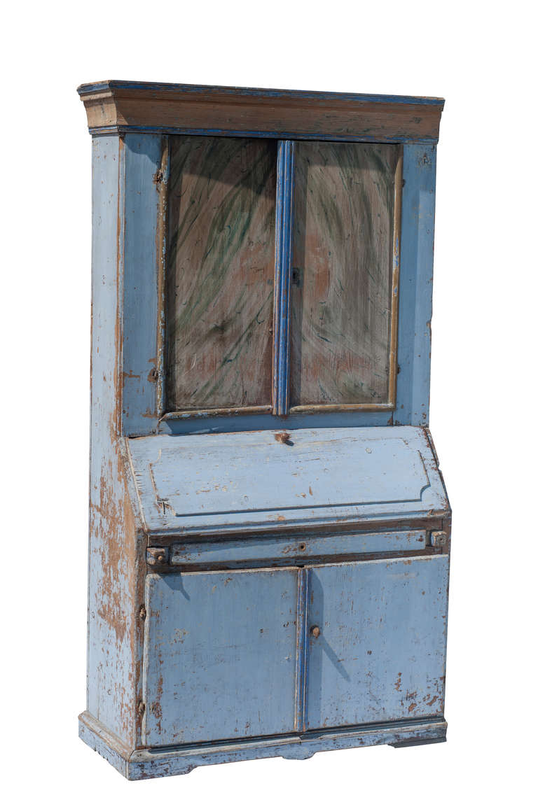A blue painted Swedish Drop Front Secretaire with decorative painting inside the doors.