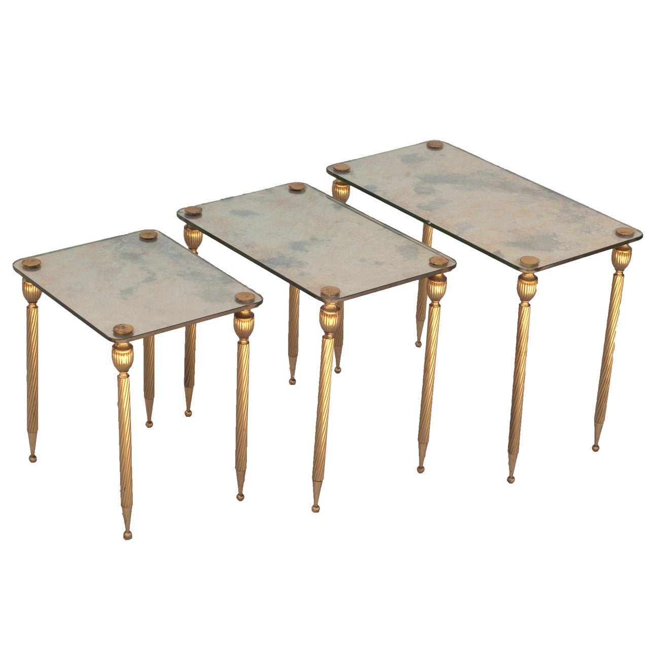 A Set of Three Brass Side Tables with Mirror Tops