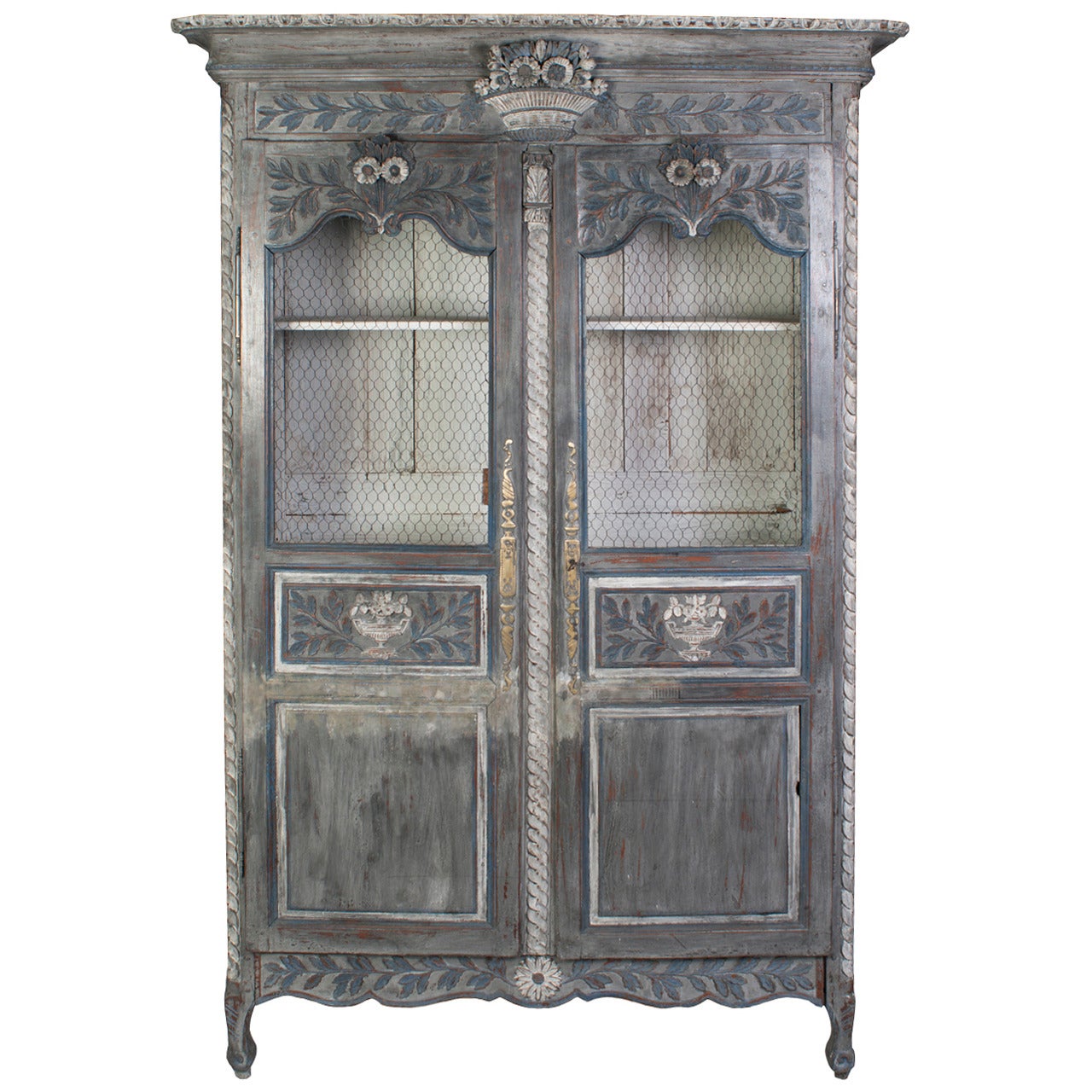 Grey Painted Normandy Armoire in Carved Oak and Pine