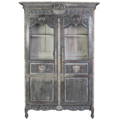 Antique Grey Painted Normandy Armoire in Carved Oak and Pine