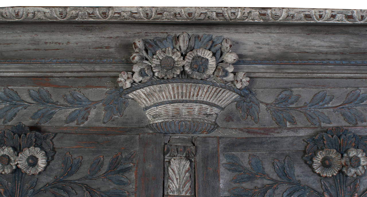 Grey Painted Normandy Armoire in Carved Oak and Pine