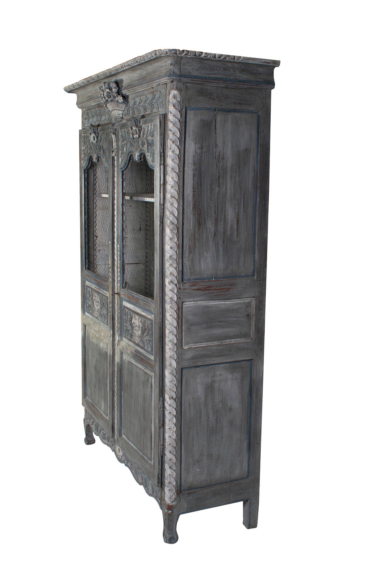 Grey Painted Normandy Armoire in Carved Oak and Pine In Excellent Condition In Washington, DC