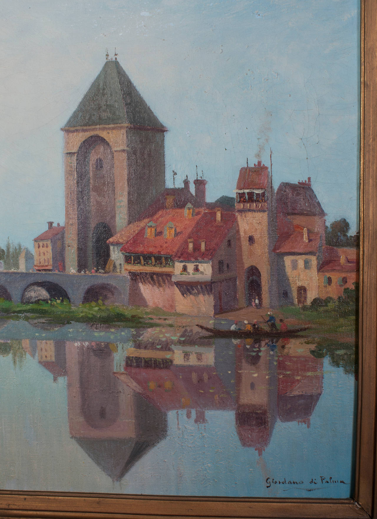 Vue sur l'eau d'une ville de Strasburg. Peint par Leon Jean Giordano 