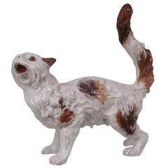 Antique Bavent Brown and White Enameled Ceramic Cat