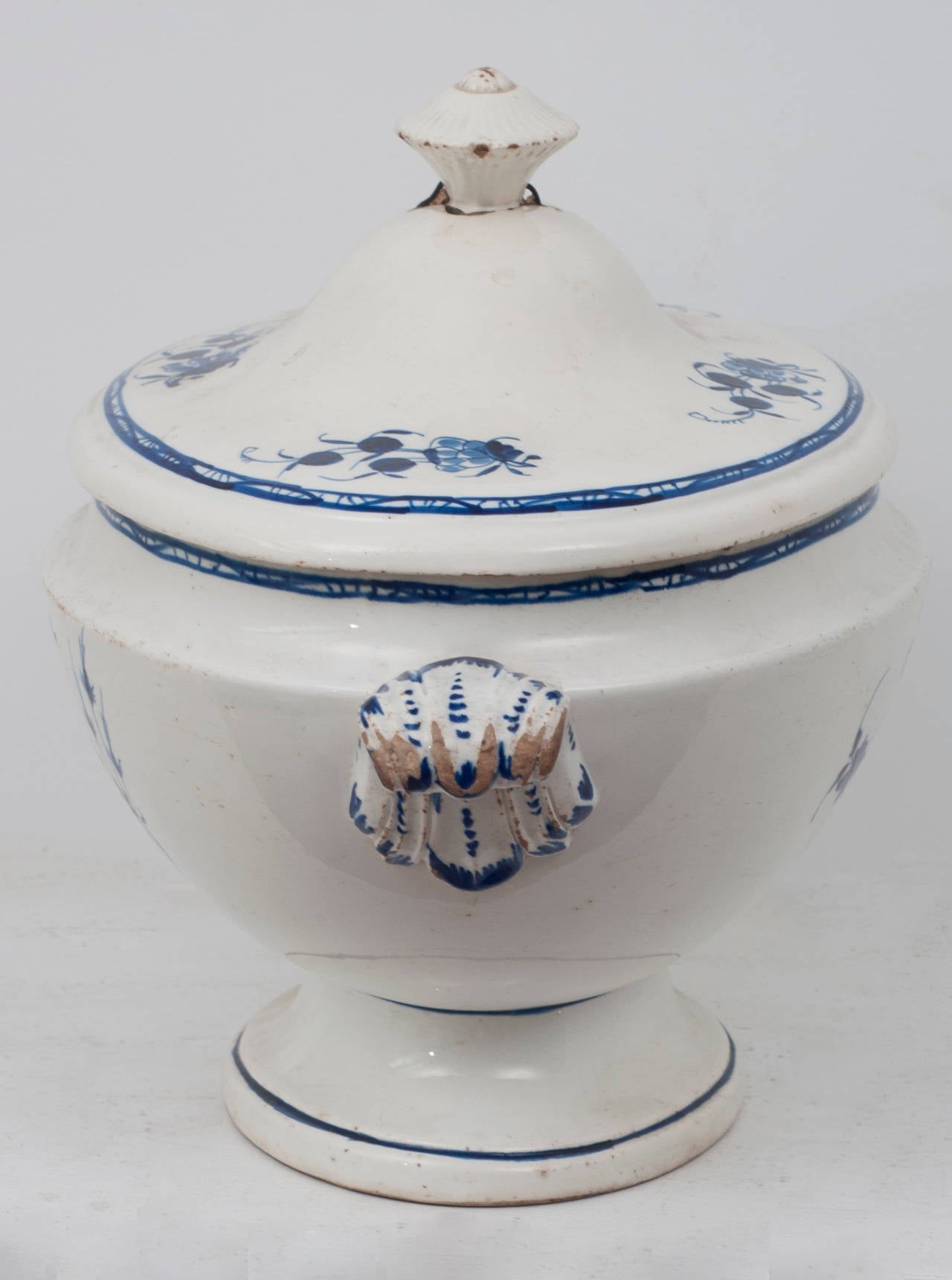 A blue and white soup tureen from Tournai, Belgium.