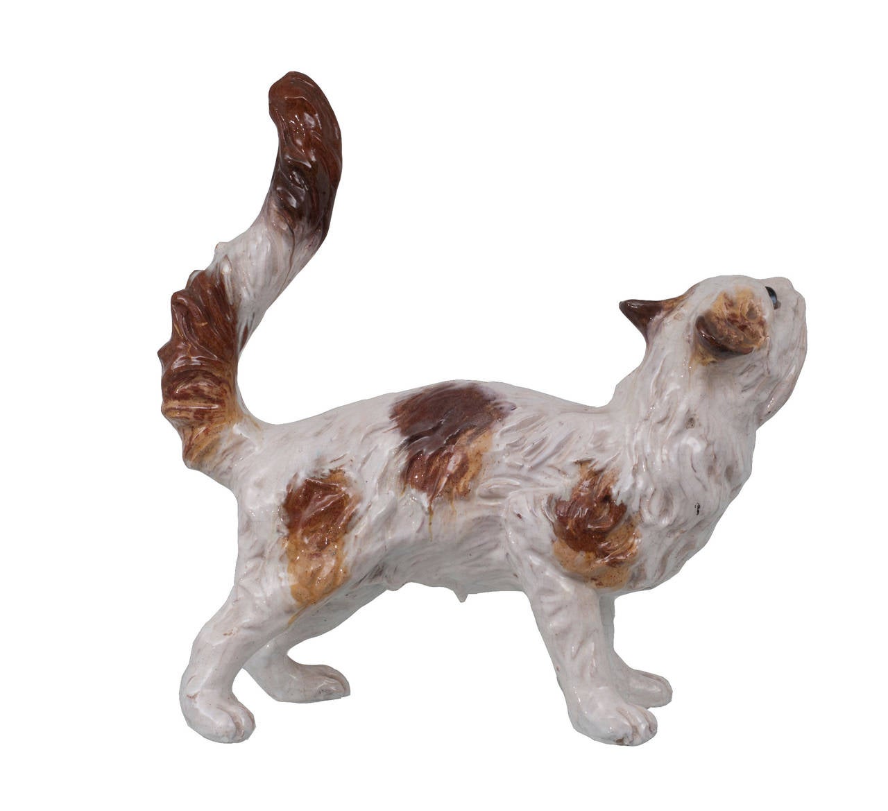 French Bavent Brown and White Enameled Ceramic Cat