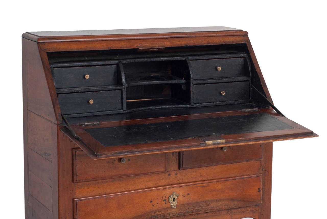 Small Walnut Drop Front Secretaire with Black Painted Inside with Key In Excellent Condition In Washington, DC