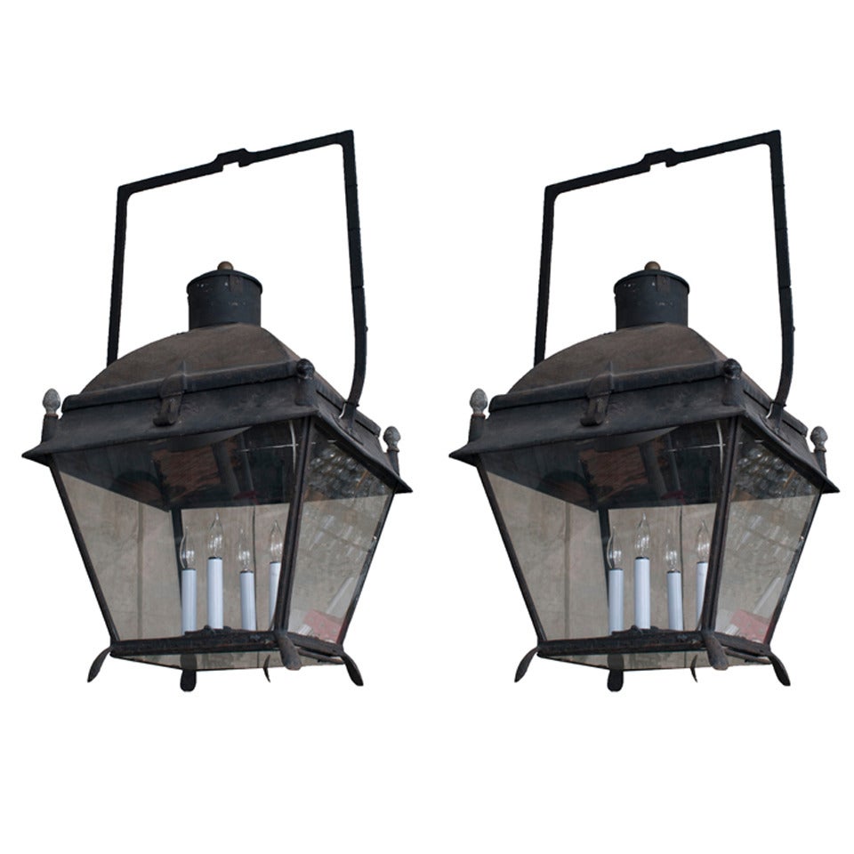 Matched Pair of Black Painted Lanterns
