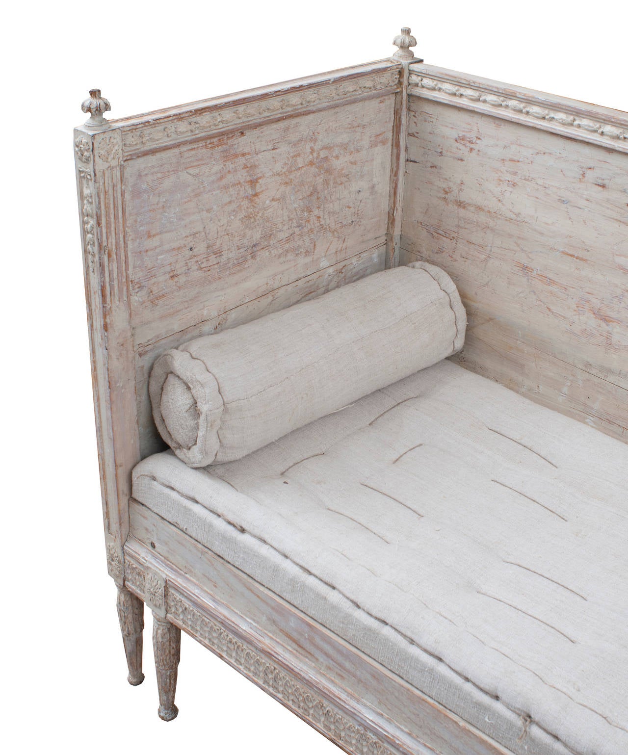 A Gustavian Bench with Beautiful Plaster Caryatid Decoration on the back and hand carved all around.