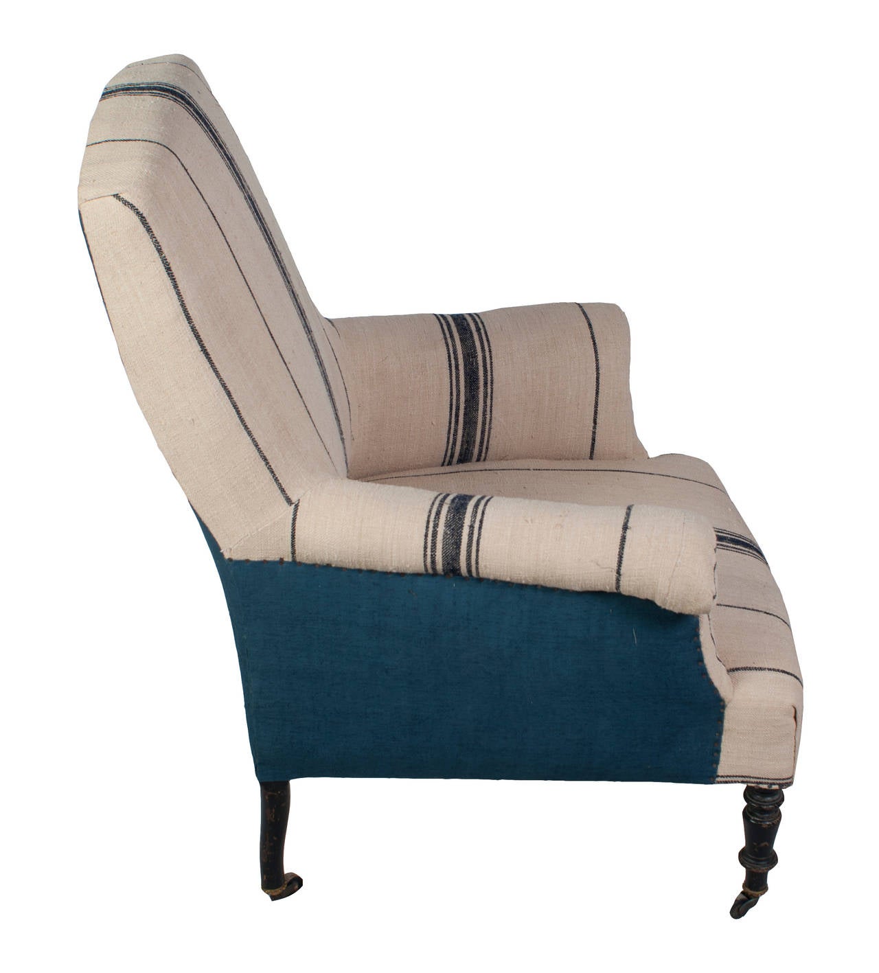 Napoleon III Fauteuil and Foot Stool Covered in Blue Band Antique Hemp In Excellent Condition In Washington, DC